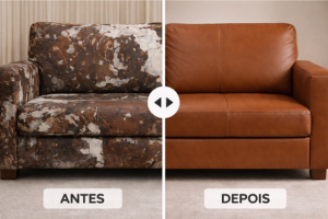 Reforma de sofá antigo para sofá de couro novo antes e depois