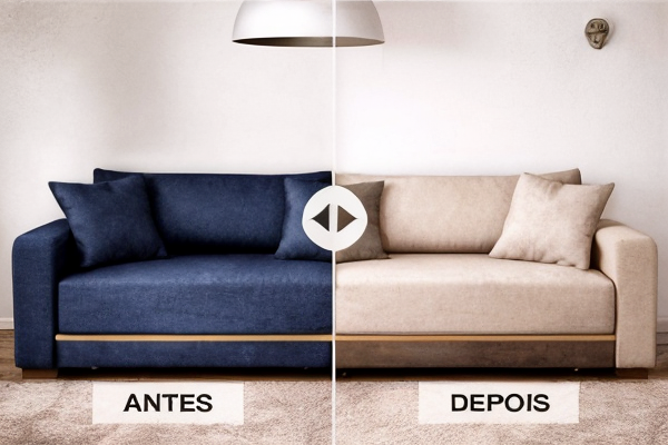 Antes e depois de reforma de sofá com troca de tecido azul para bege