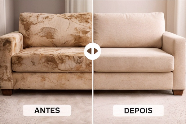 Antes e depois da reforma de sofá com novo tecido e acabamento moderno